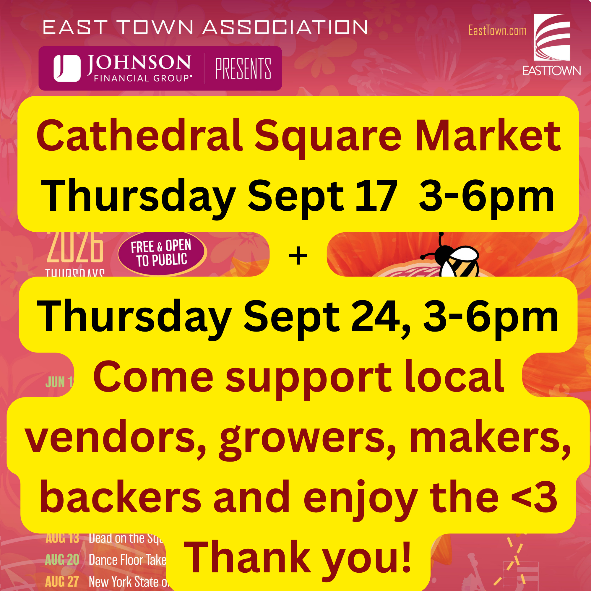 Cathedral Square Market last two days: Thrs, Sept 17, 3-6PM & Thrs, Sept 24, 3-6PM!